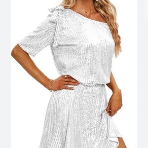 Women's Sequin one-Shoulder Short Sleeve Sparkly Bow Hemline A-line Mini Dress